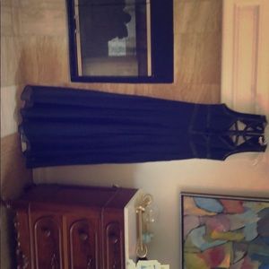 Navy cocktail dress with black leather trim